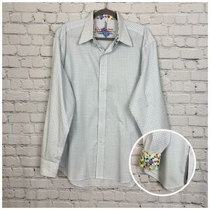 Robert Graham Mens XL Button Down Shirt Flip Cuff White Blue Mini Check Cotton